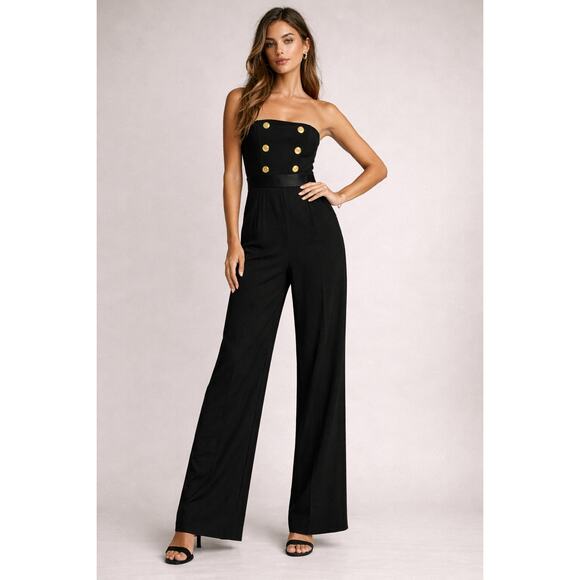 Fame and Partners Pants - Fame & Partners Strapless Black Wide Leg Jumpsuit Gold Button Detail US 4
